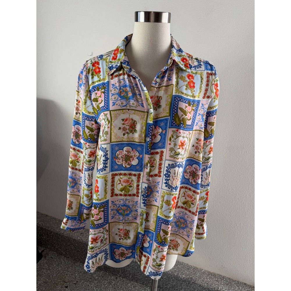 Rose + Olive Womens Medium Floral Patchwork Button Up Shirt Blue Pink Blouse